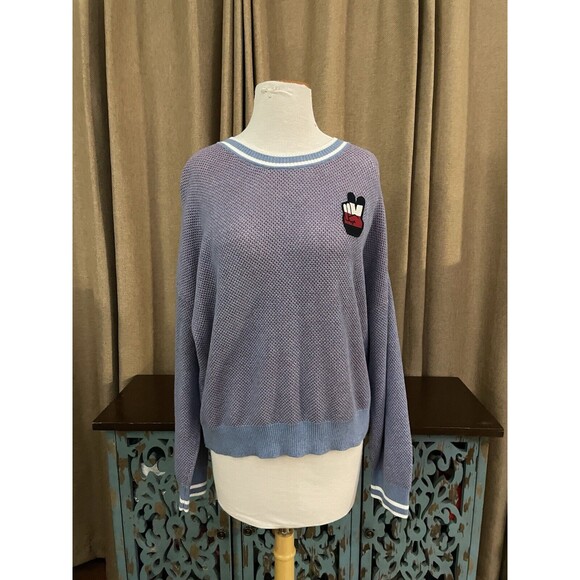 Tommy Jeans Brand Mesh-Stitch Sweater Purple W/Red Under Tones Big Peace Logo - Picture 1 of 6